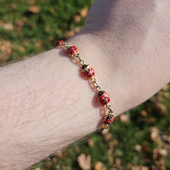 14K Yellow Gold Ladybug Lady Bug Link Bracelet 6.5 Inches - Picture 2 of 14